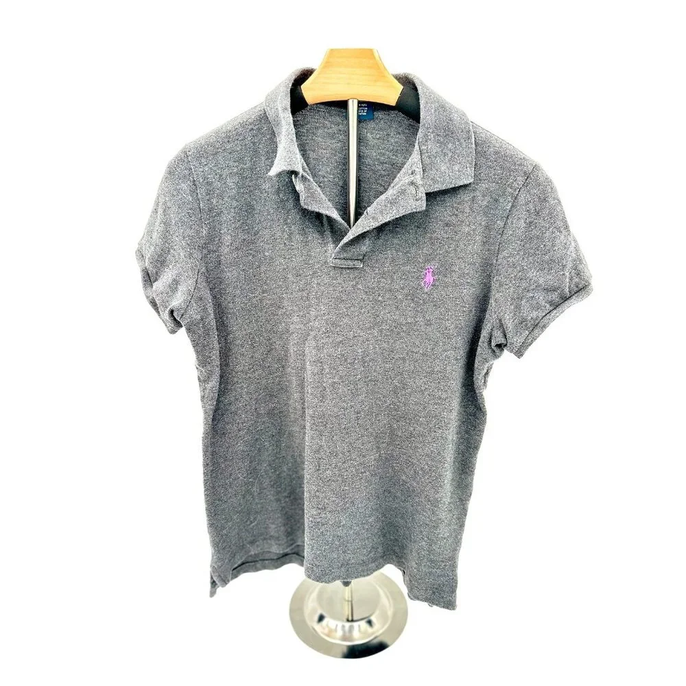 Polo Ralph Lauren Gray Short Sleeve Polo Shirt Purple Pony Logo Heathered Sz L